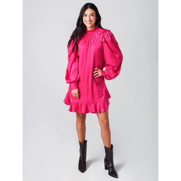 Zadig + Voltaire Ruins Dress Pink Satin Mini Ruffle High Neck Puff Sleeve Sz S - Picture 1 of 15